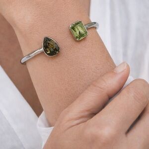 Elegant Silver Bracelet with Green  Stones